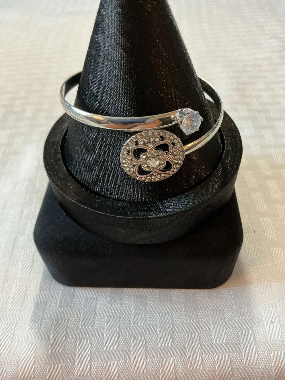 Pavé Quatrefoil Bypass Silver Tone Bangle Bracelet/Cuff